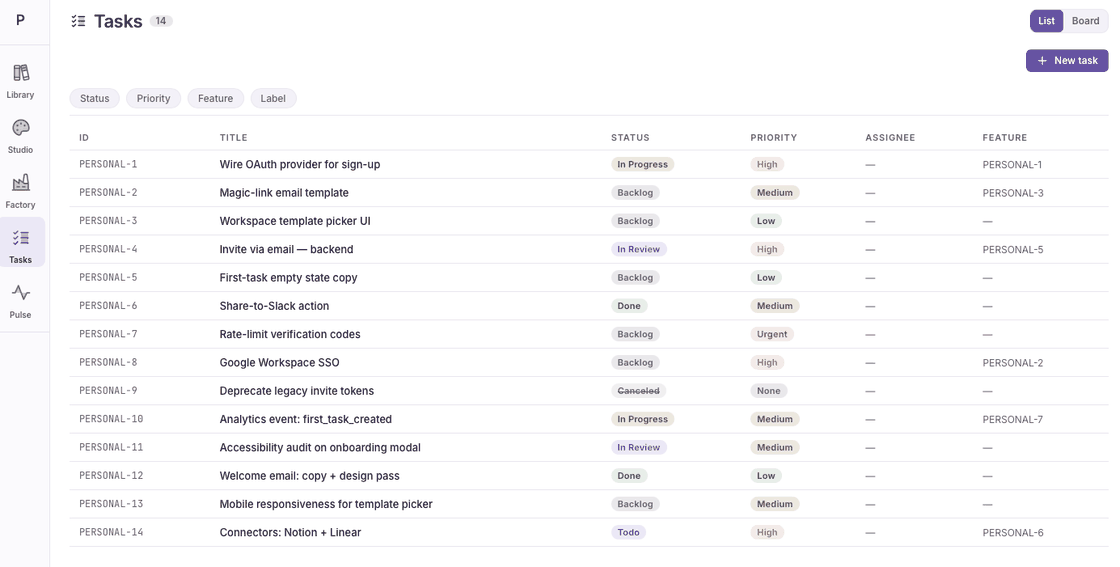 Tasks in Majordomo: a task list with public ids, status, priority, assignee, and the feature each task delivers.